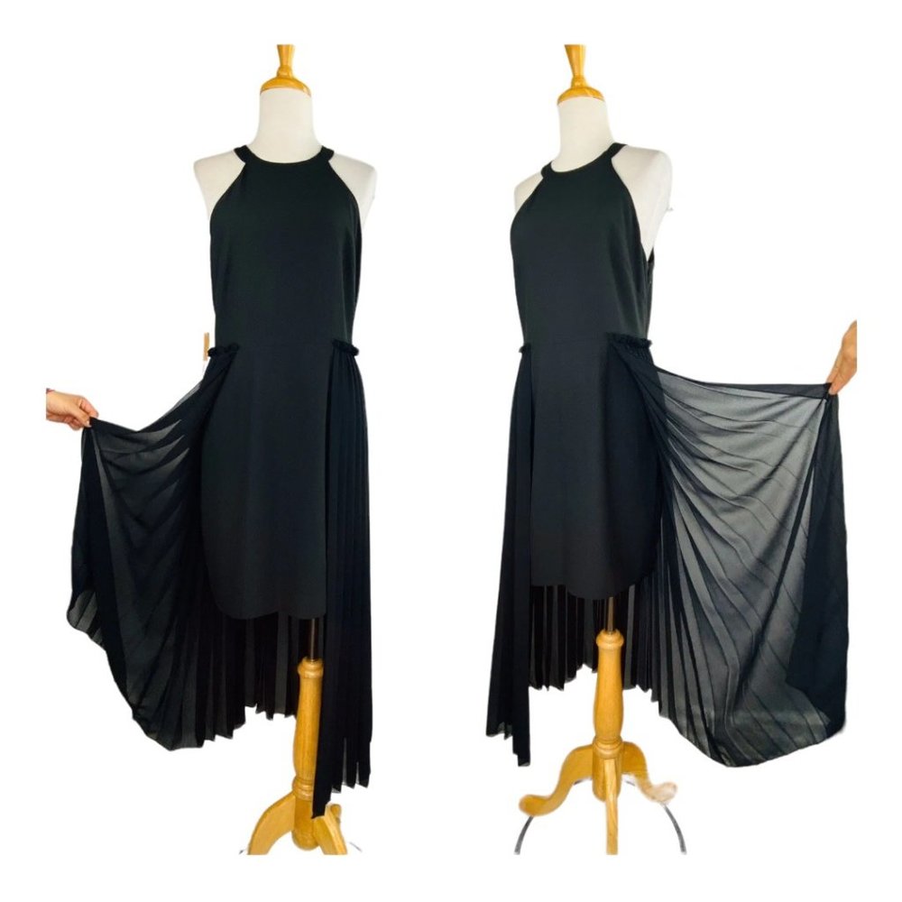 Rachel Roy High Neck Crepe Dress With Chiffon Overlay Black NWT Sz 8 Hi Low - Picture 3 of 11
